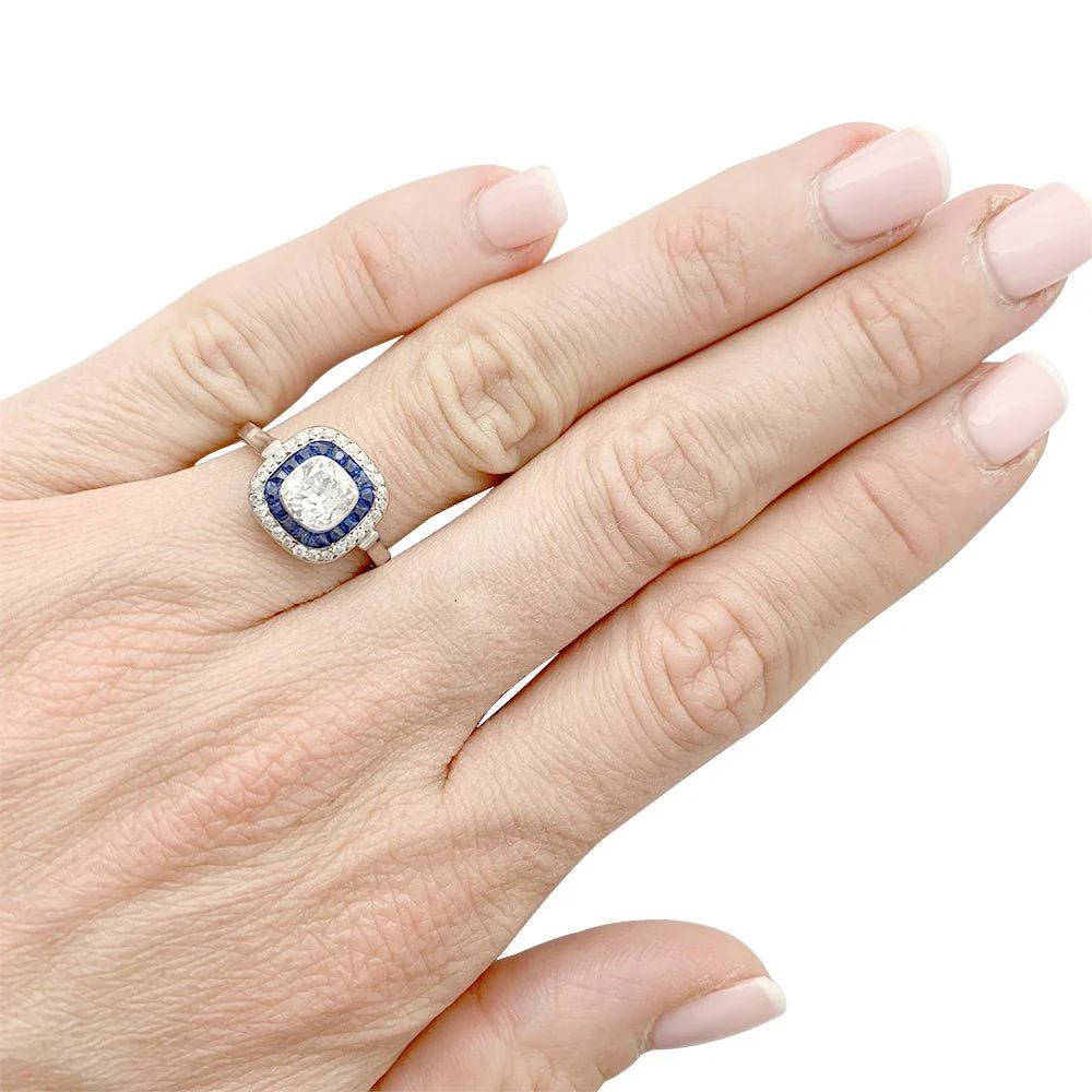 Bague Art déco, diamant coussin, saphirs calibrés - Image 10