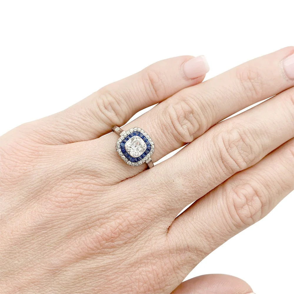 Bague Art déco, diamant coussin, saphirs calibrés - Image 11