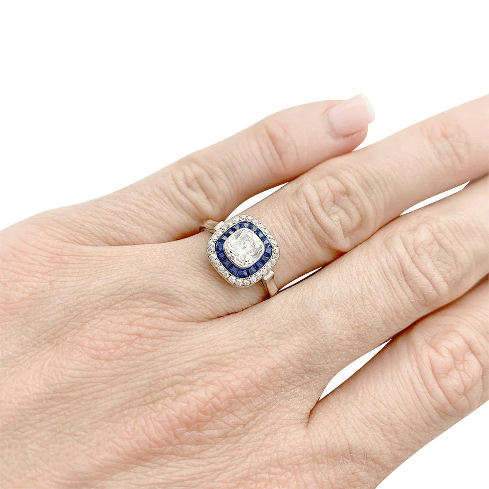 Bague Art déco, diamant coussin, saphirs calibrés - Image 12