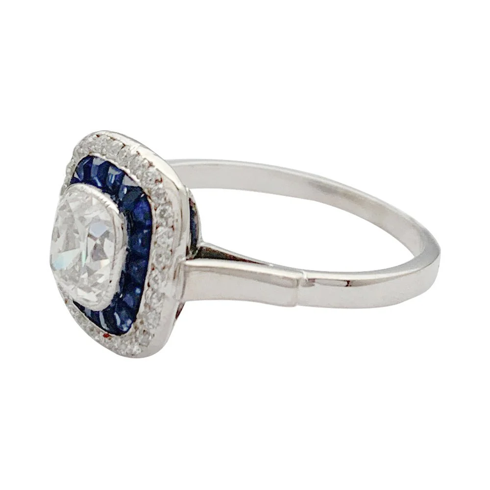 Bague Art déco, diamant coussin, saphirs calibrés - Image 8