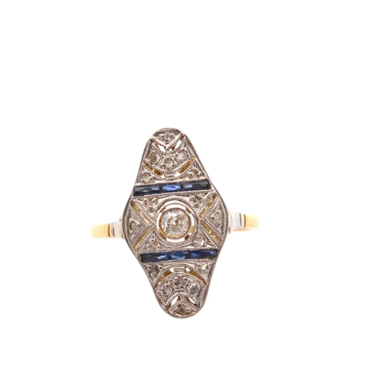 Bague Marquise en or jaune, platine, saphirs et diamants