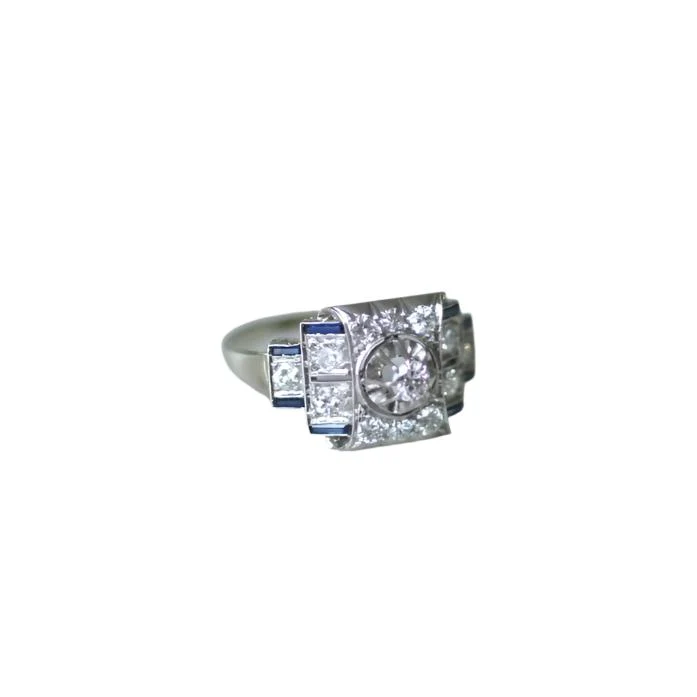 Bague Art Déco en or blanc, platine, diamants et saphirs - Image 3