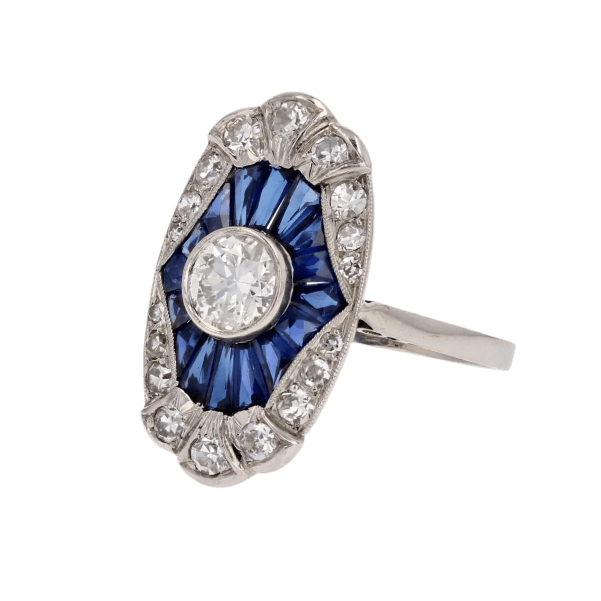 Bague Marquise en platine, saphirs et diamants - Image 3