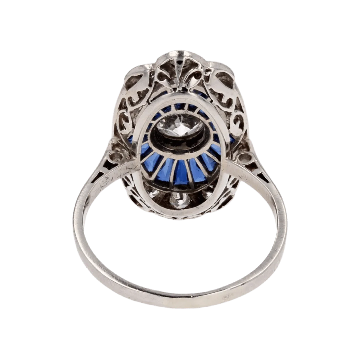 Bague Marquise en platine, saphirs et diamants - Image 4