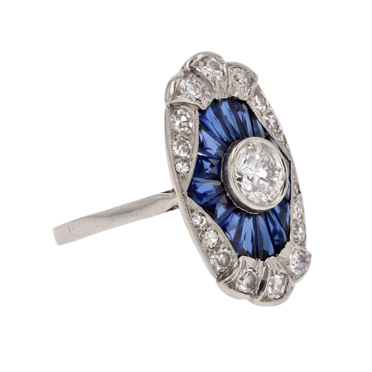 Bague Marquise en platine, saphirs et diamants - Image 5