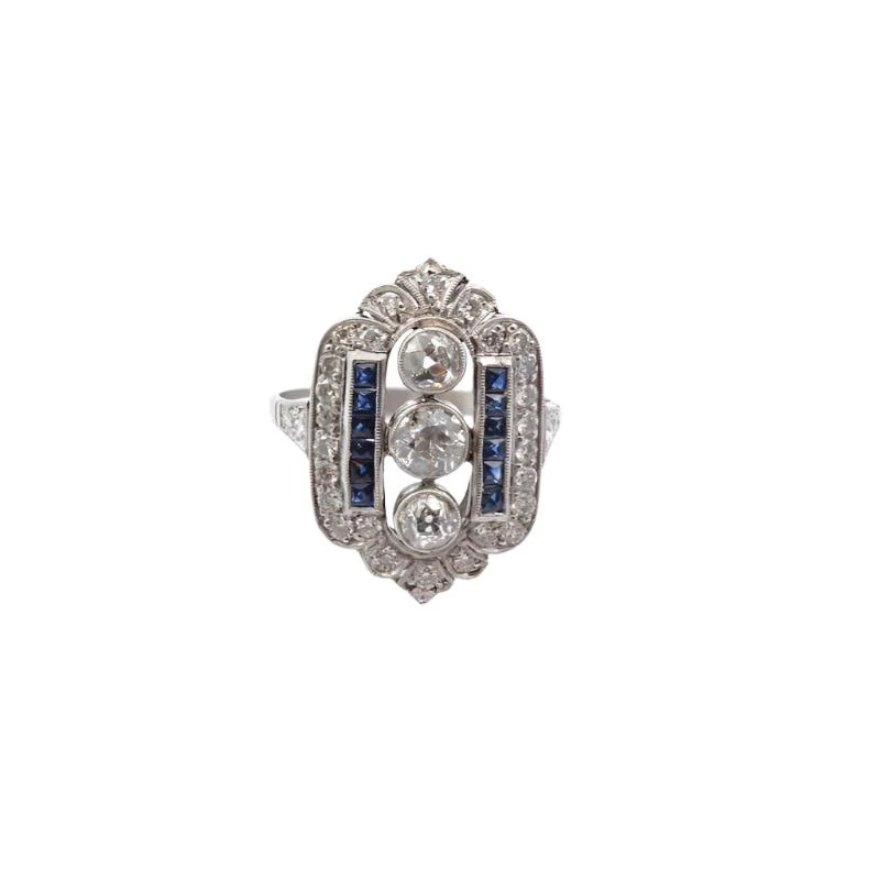 Bague Art Déco en platine, saphirs et diamants