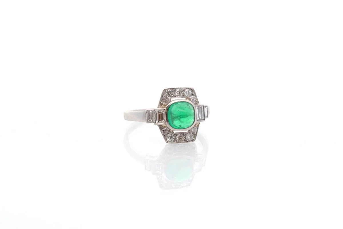 Bague Marquise en platine, émeraude et diamant - Image 2