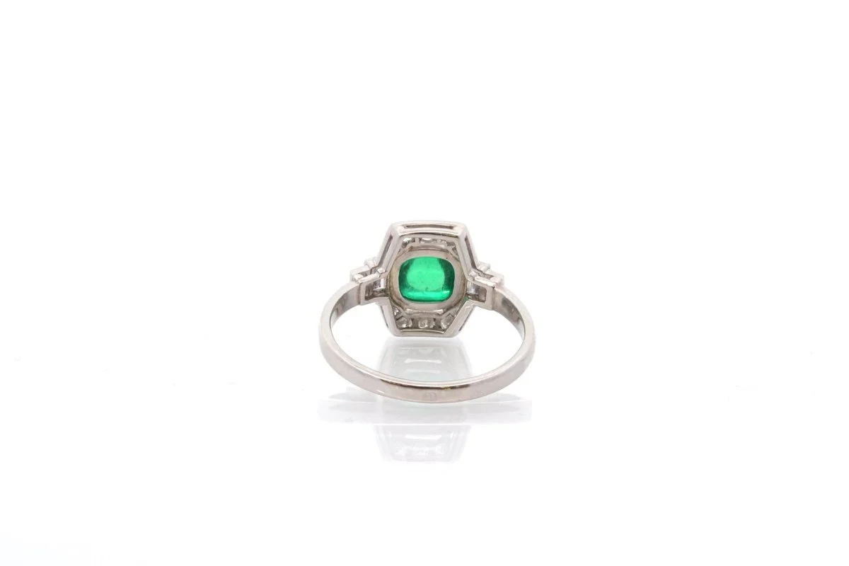 Bague Marquise en platine, émeraude et diamant - Image 3