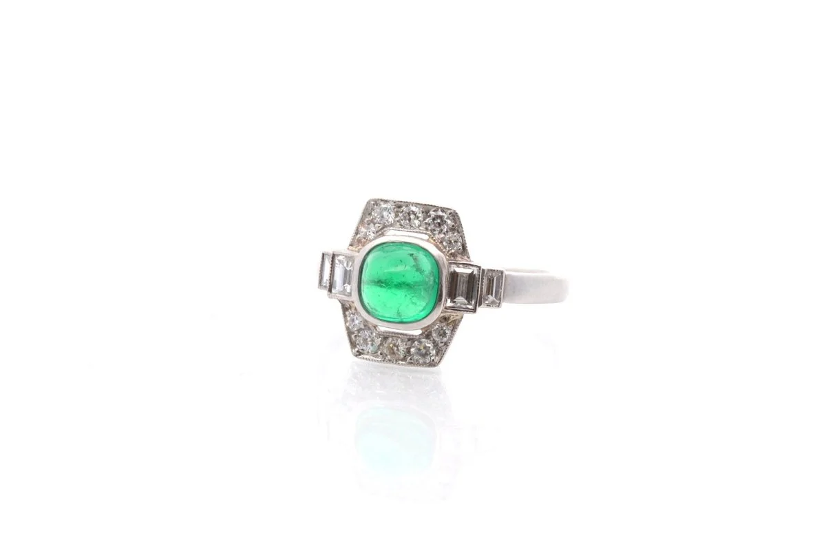 Bague Marquise en platine, émeraude et diamant - Image 4