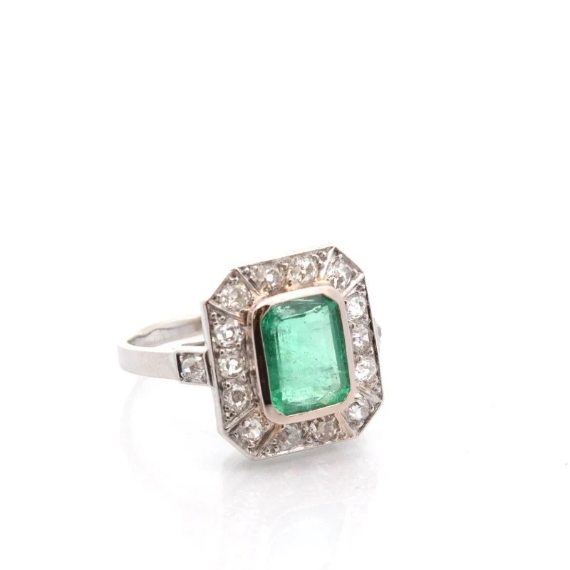 Bague Marquise en platine, émeraude et diamants - Image 4