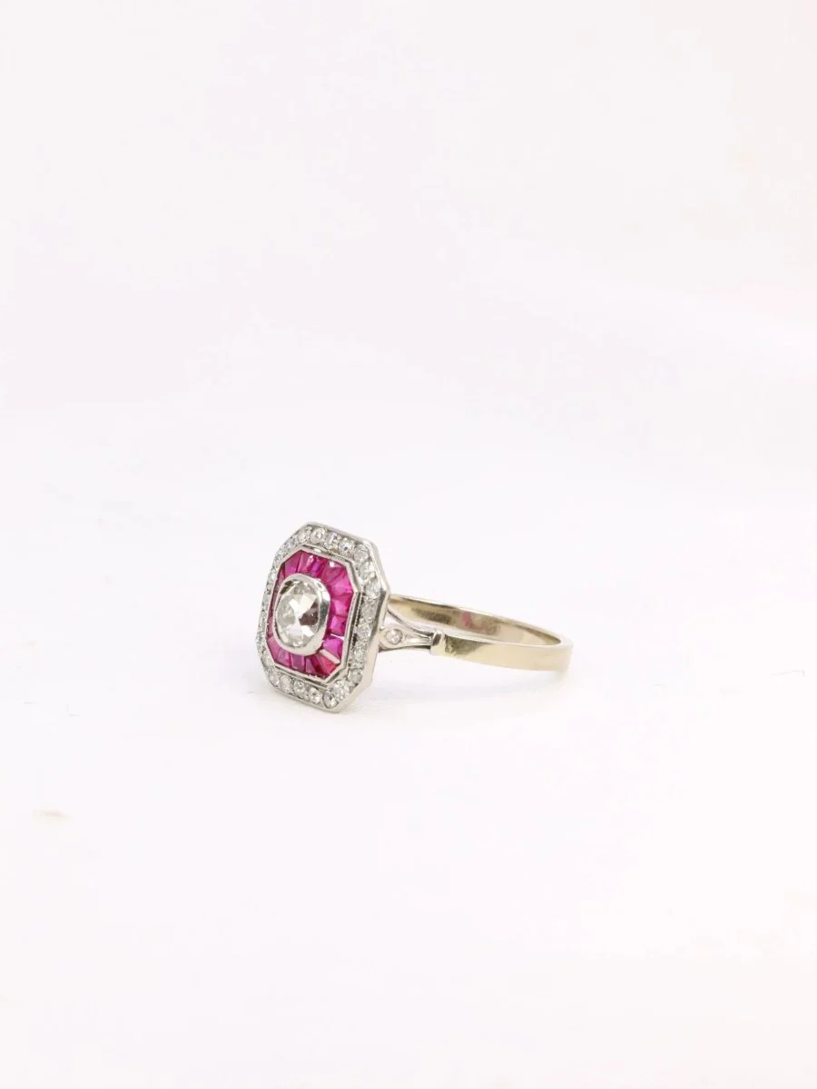 Bague Art Deco diamants taille ancienne rubis calibrés - Image 3