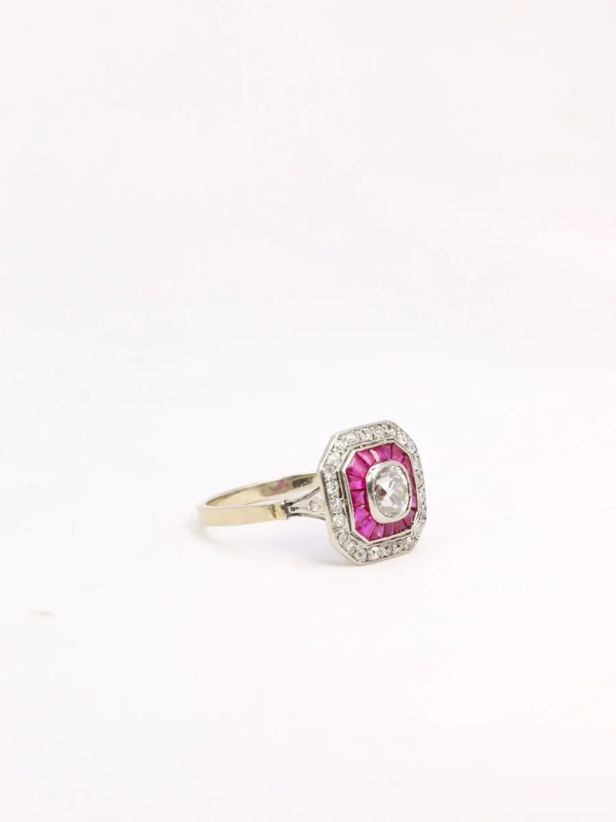 Bague Art Deco diamants taille ancienne rubis calibrés - Image 7