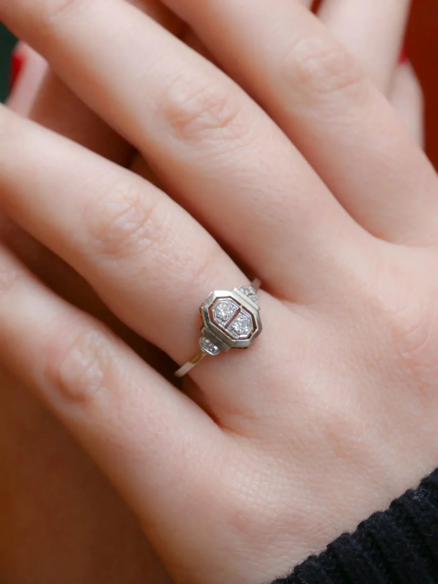 Bague Art Deco or platine diamants taille rose - Image 2