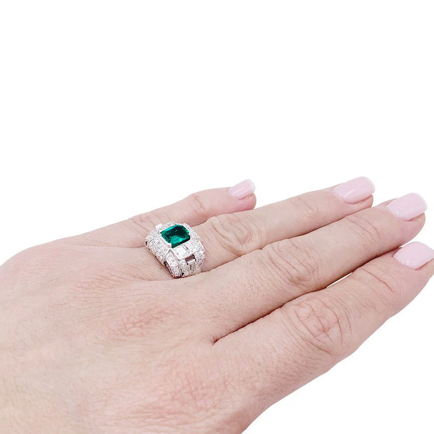 Bague Art Déco en platine, émeraude et diamants - Image 8
