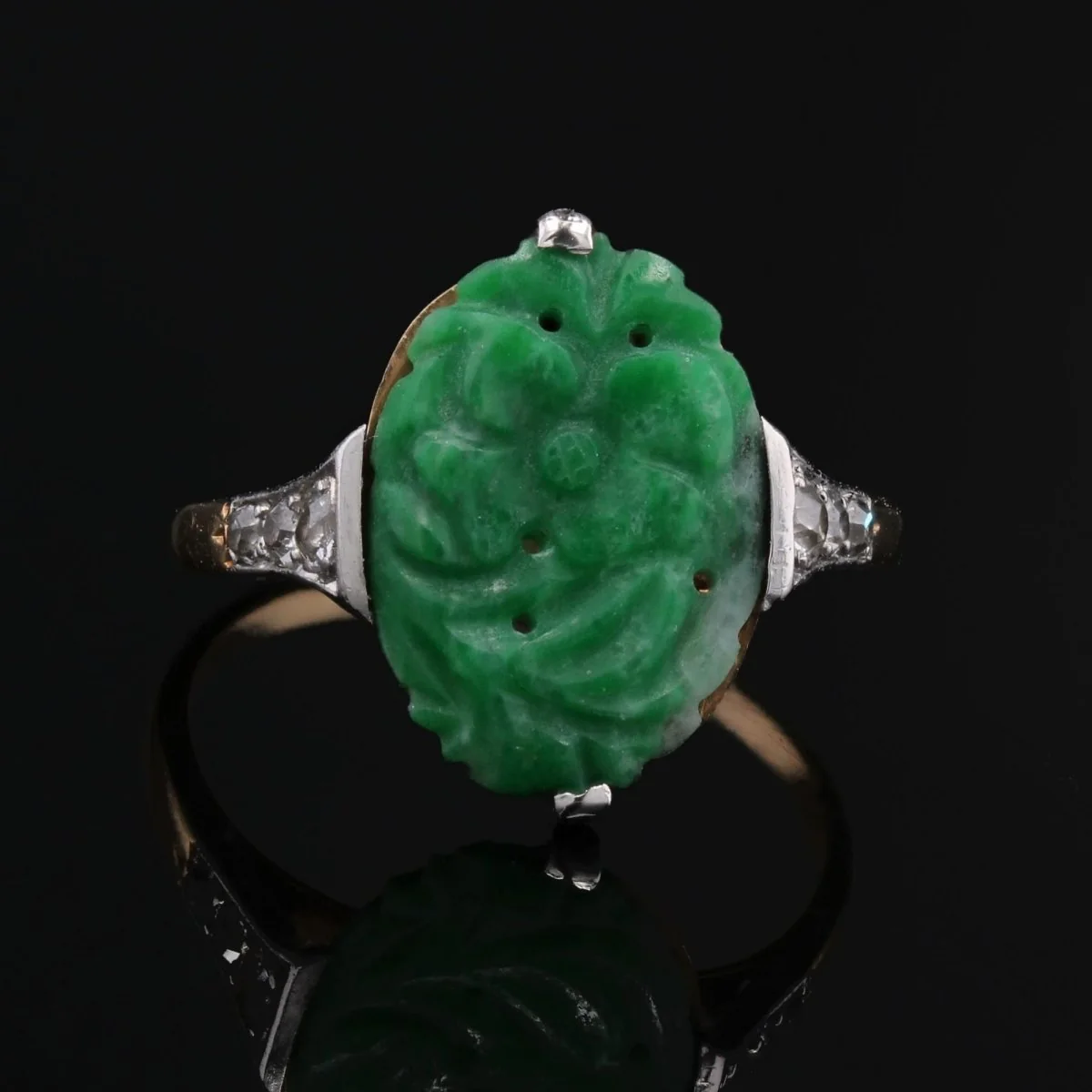 Bague Dôme en platine, or jaune, jade, et diamants - Image 10