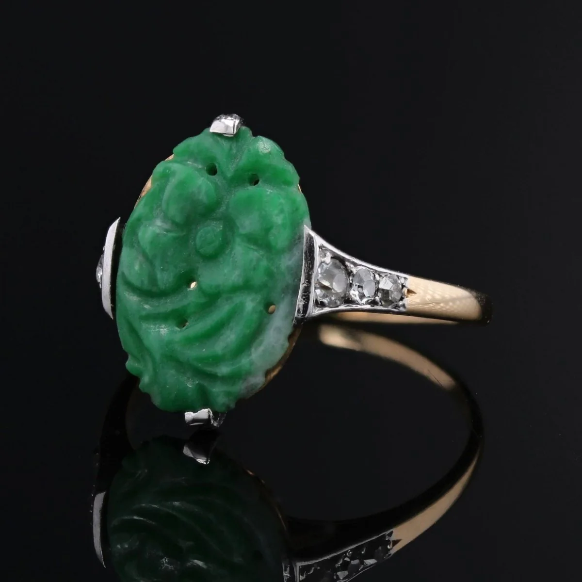 Bague Dôme en platine, or jaune, jade, et diamants - Image 11