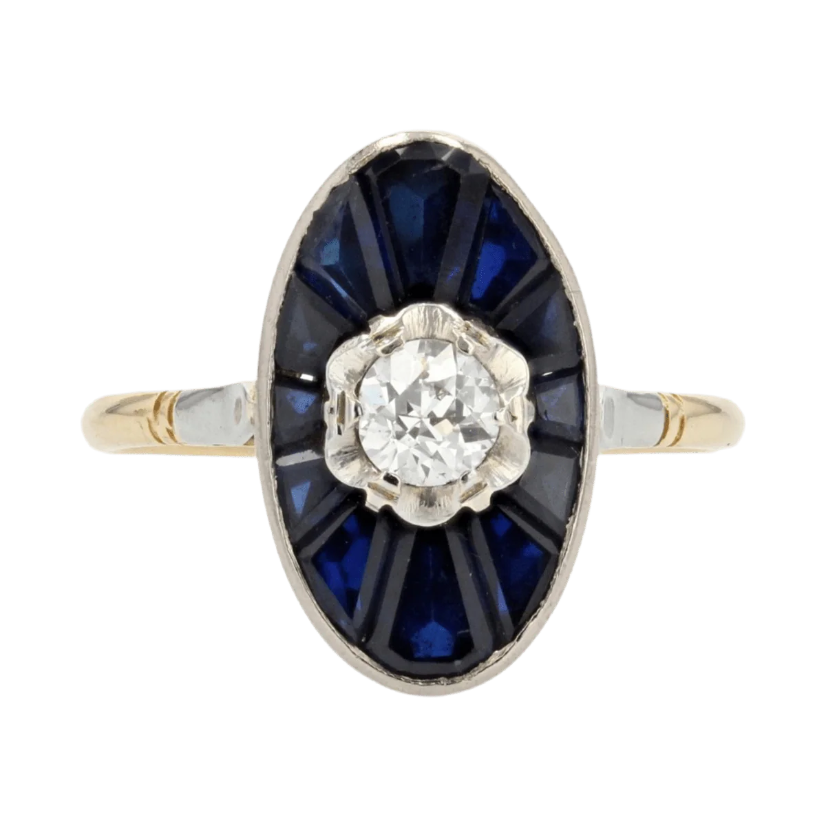Bague Marquise en or jaune, or blanc, saphirs et diamant