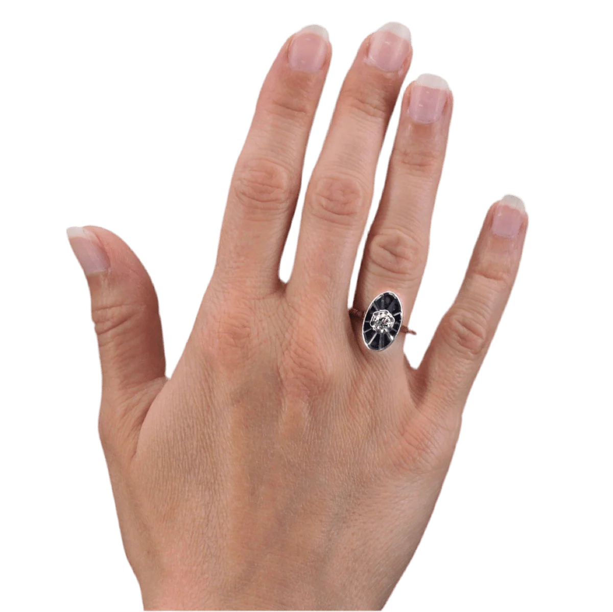 Bague Marquise en or jaune, or blanc, saphirs et diamant - Image 2