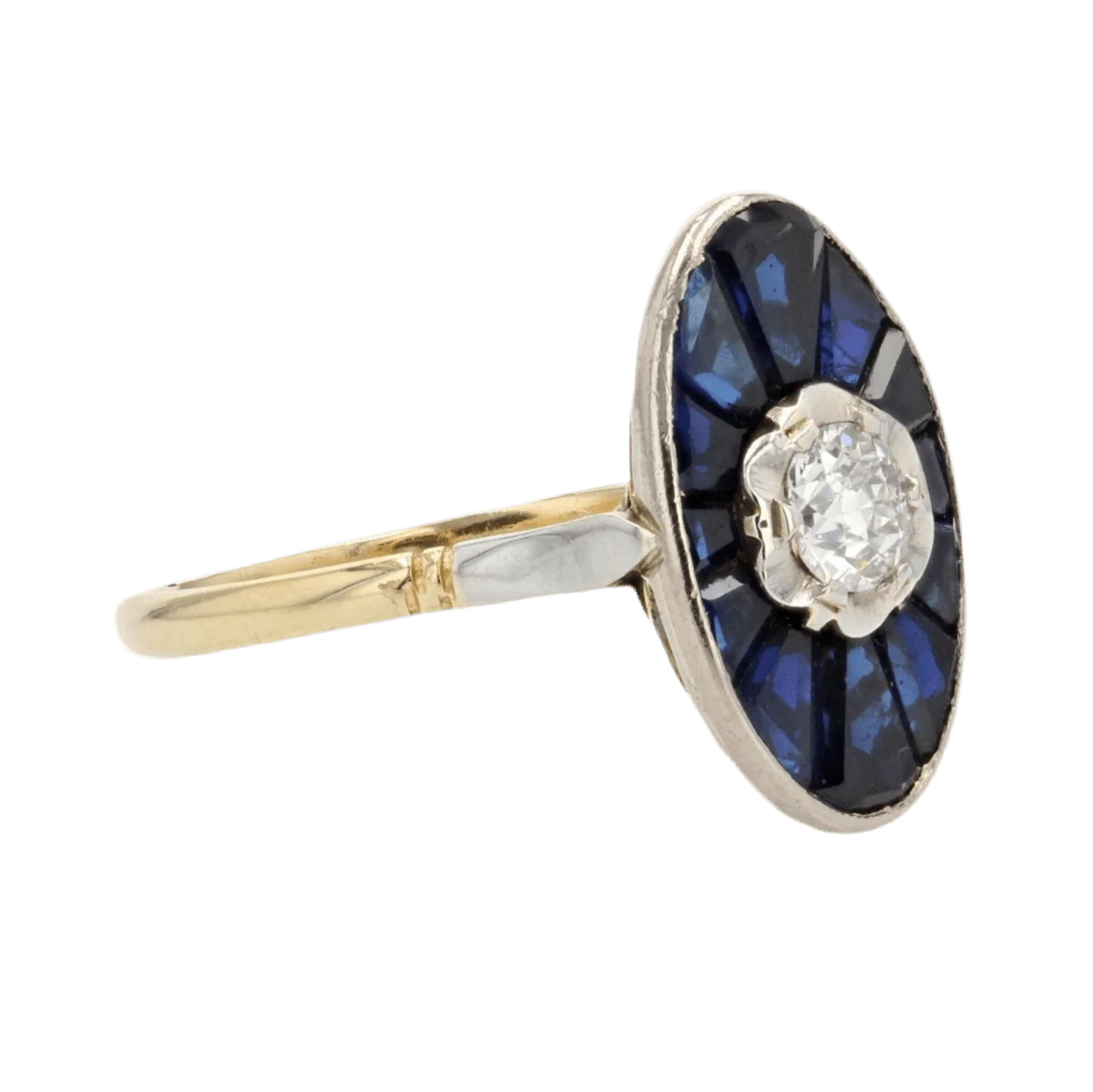 Bague Marquise en or jaune, or blanc, saphirs et diamant - Image 3