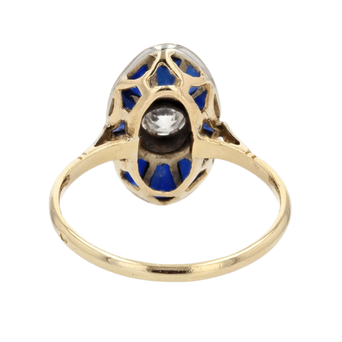 Bague Marquise en or jaune, or blanc, saphirs et diamant - Image 4