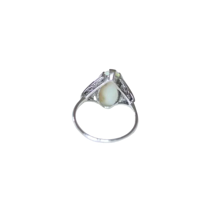Bague Marquise en or blanc, platine, cabochon, et diamants - Image 4