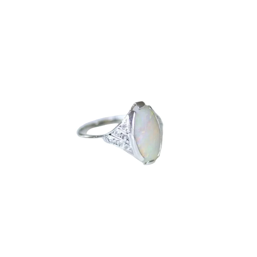 Bague Marquise en or blanc, platine, cabochon, et diamants - Image 5