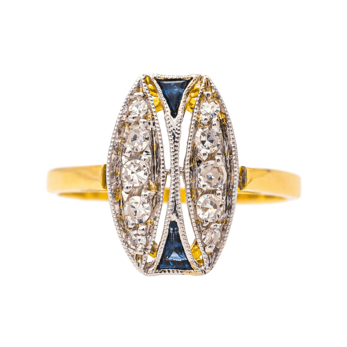 Bague Marquise en or jaune, or blanc, saphirs et diamants