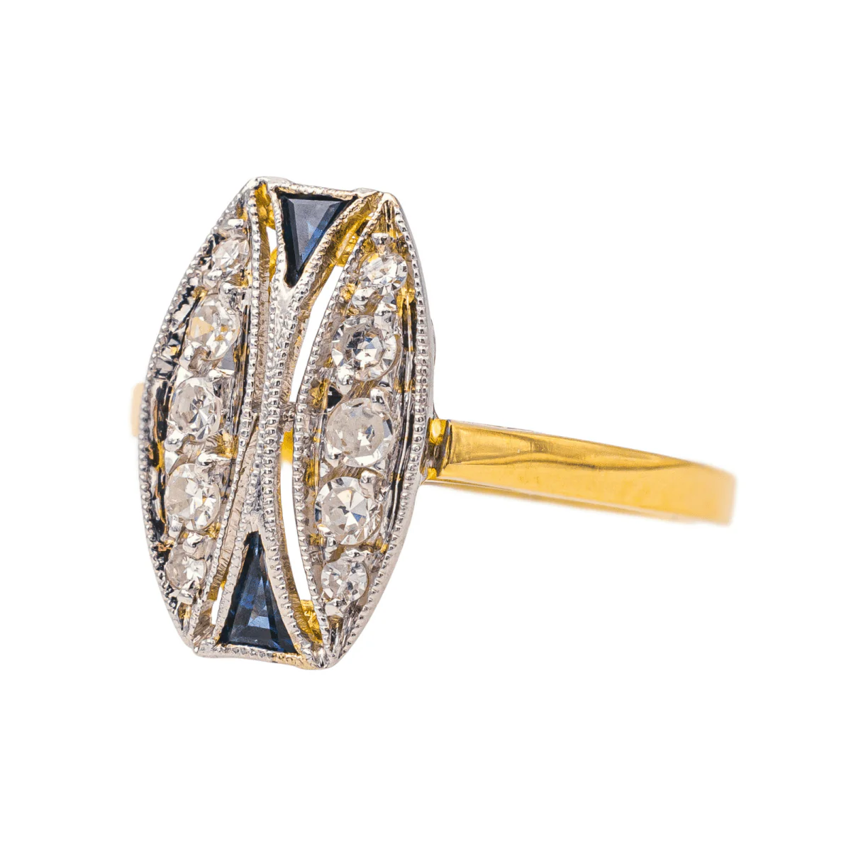 Bague Marquise en or jaune, or blanc, saphirs et diamants - Image 3