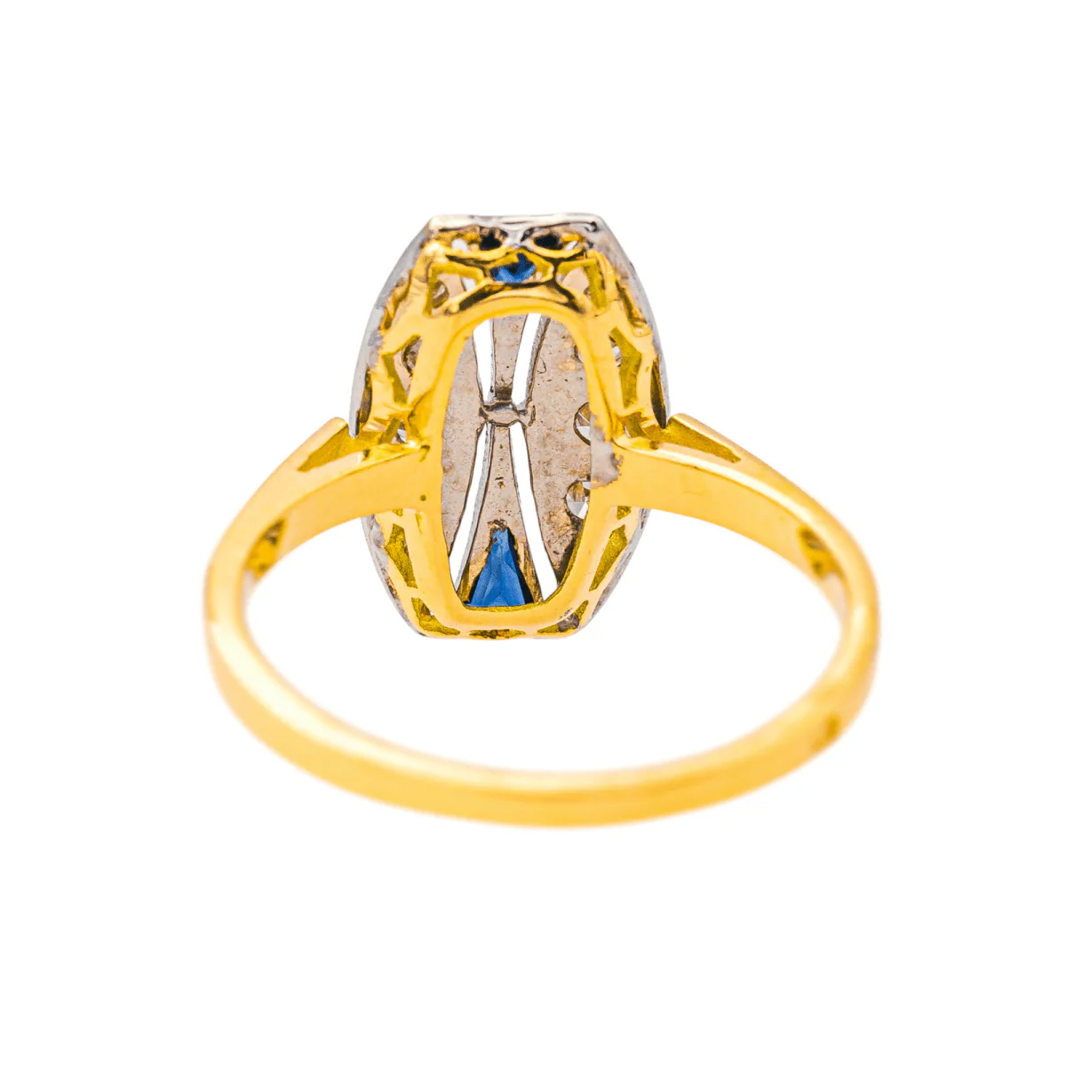 Bague Marquise en or jaune, or blanc, saphirs et diamants - Image 5