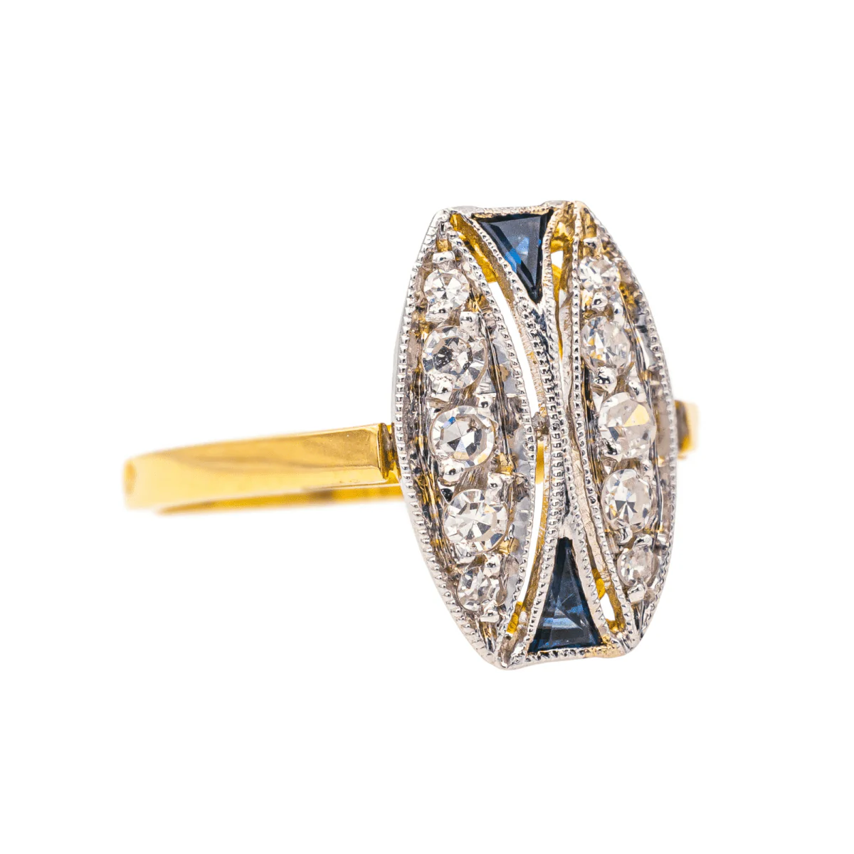 Bague Marquise en or jaune, or blanc, saphirs et diamants - Image 6