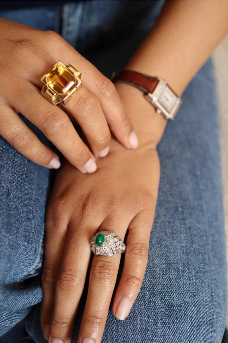 Bague Art déco Pavée en platine, émeraude et diamants - Image 2