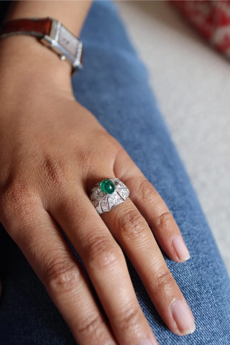 Bague Art déco Pavée en platine, émeraude et diamants - Image 6