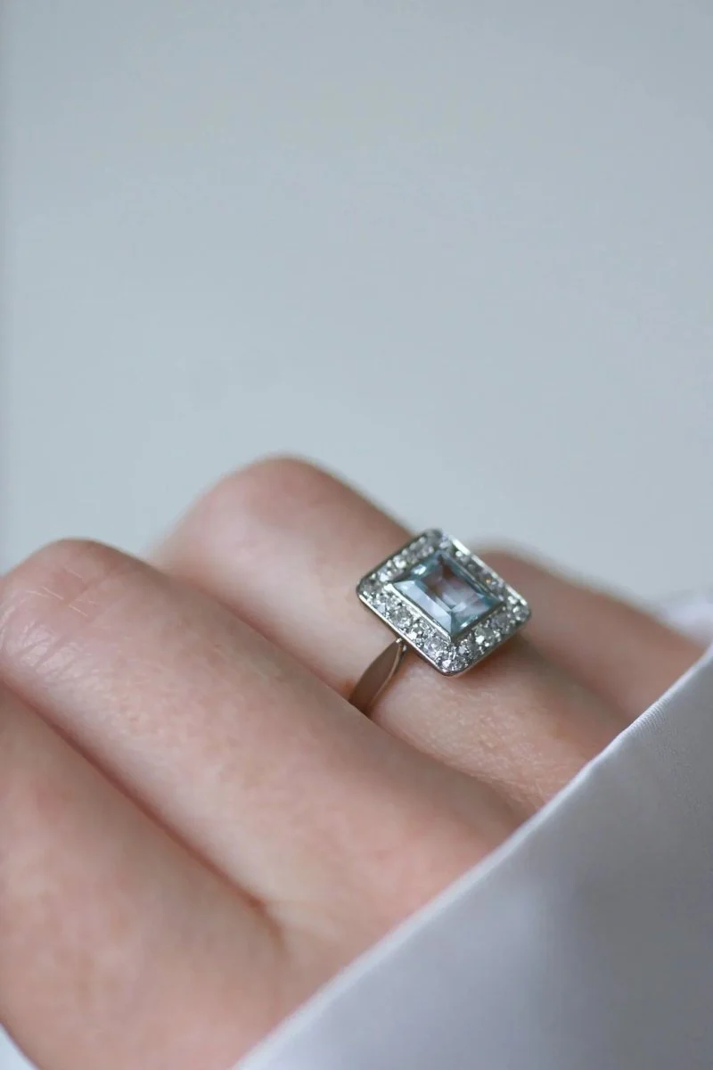 Bague Art Déco Aigue-Marine et Diamants - Image 2