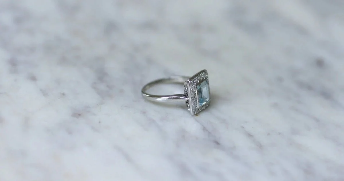 Bague Art Déco Aigue-Marine et Diamants - Image 3