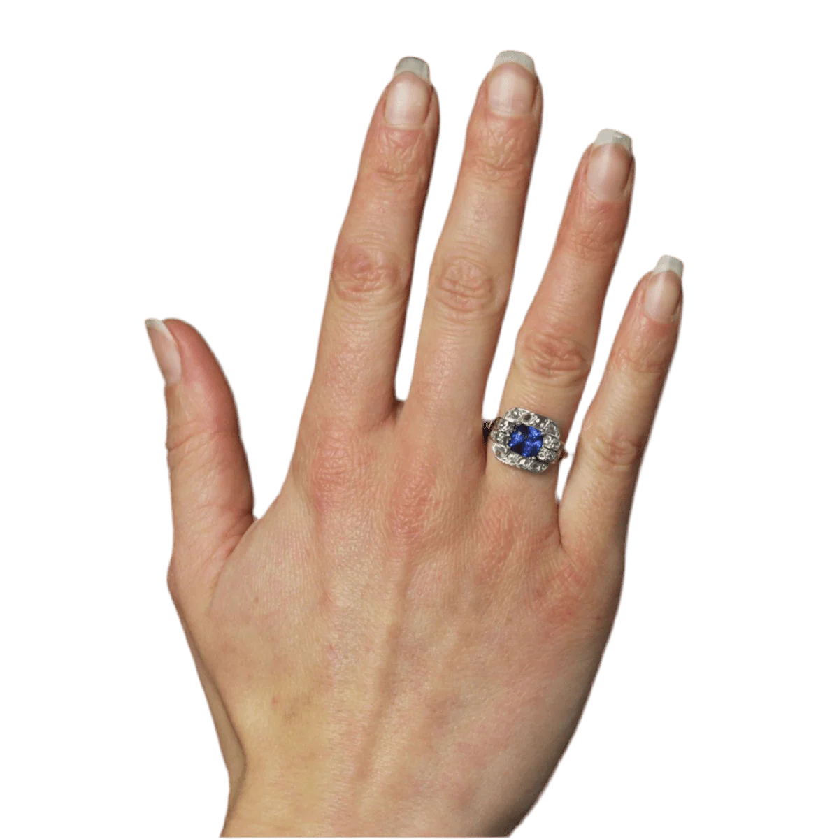 Bague Entourage en platine, saphir et diamants - Image 2