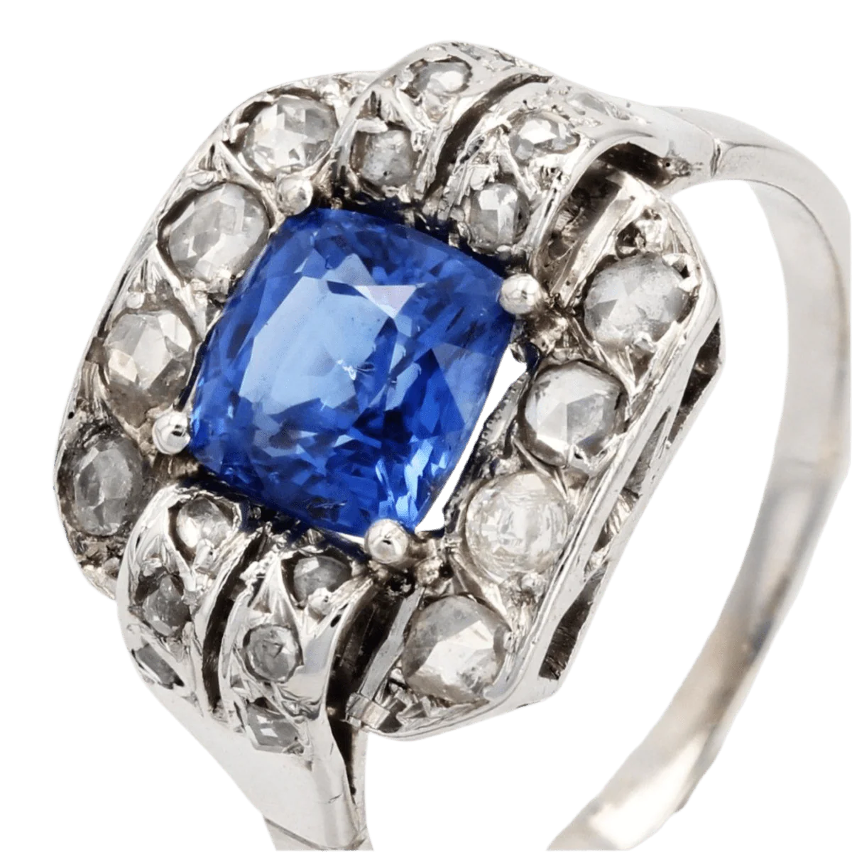 Bague Entourage en platine, saphir et diamants - Image 7