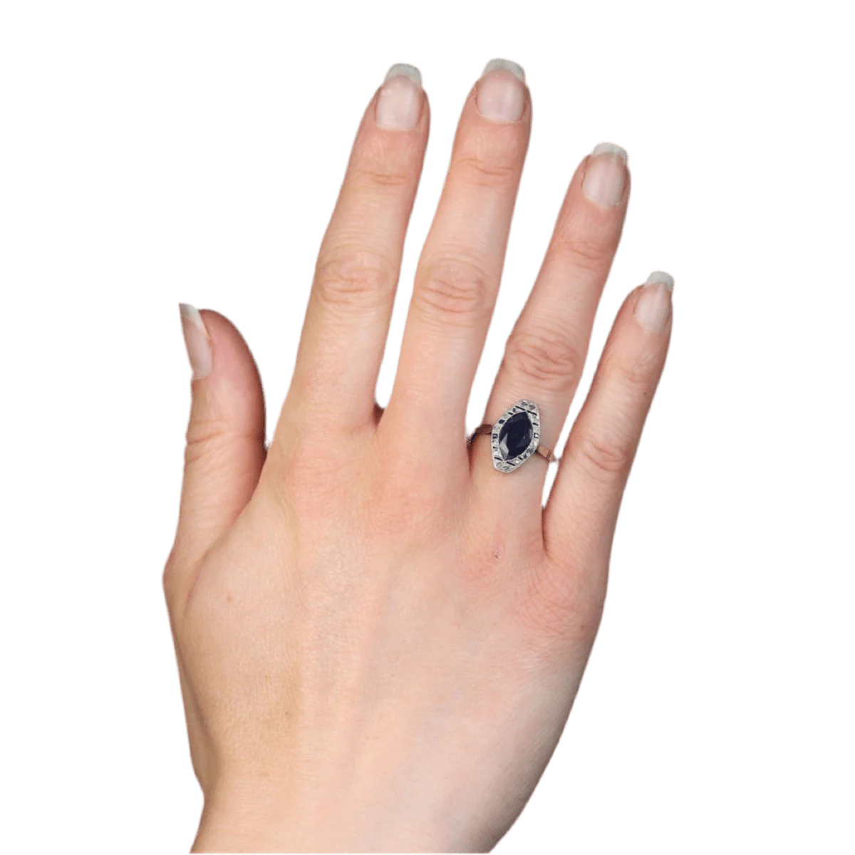 Bague Marquise en or blanc, saphirs et diamants - Image 2