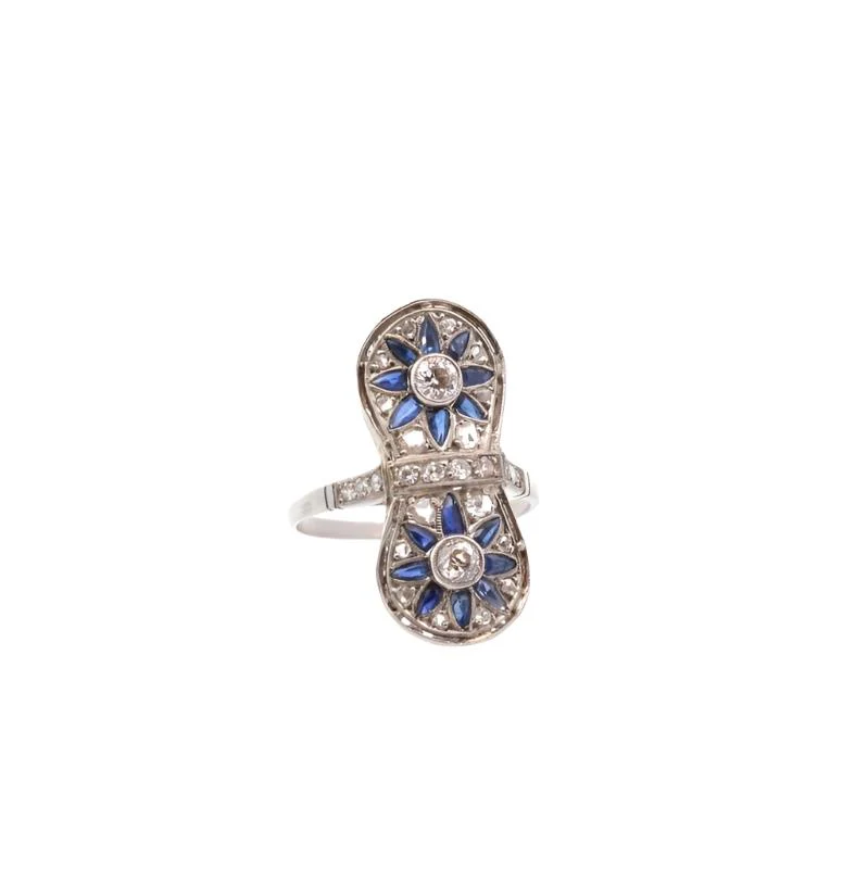 Bague Art Déco en or blanc, platine, saphirs et diamants - Image 3