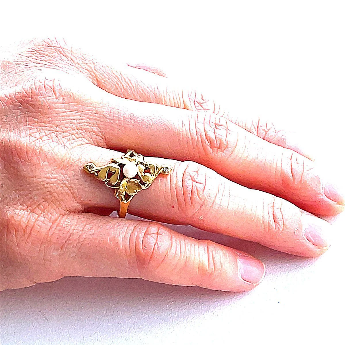 Bague Art Nouveau en or jaune, perle et diamants - Image 2