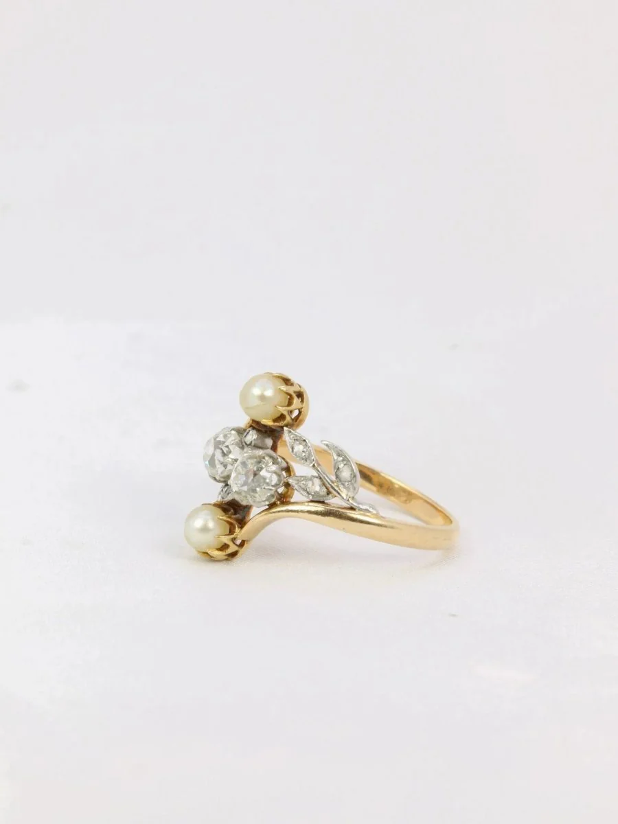 Bague Art Nouveau or diamants taille ancienne perles crème - Image 3