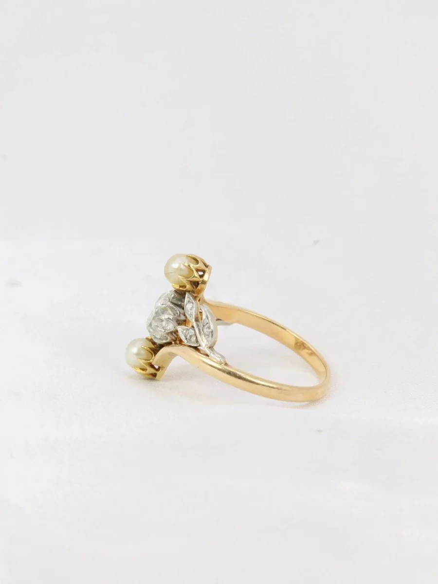 Bague Art Nouveau or diamants taille ancienne perles crème - Image 4