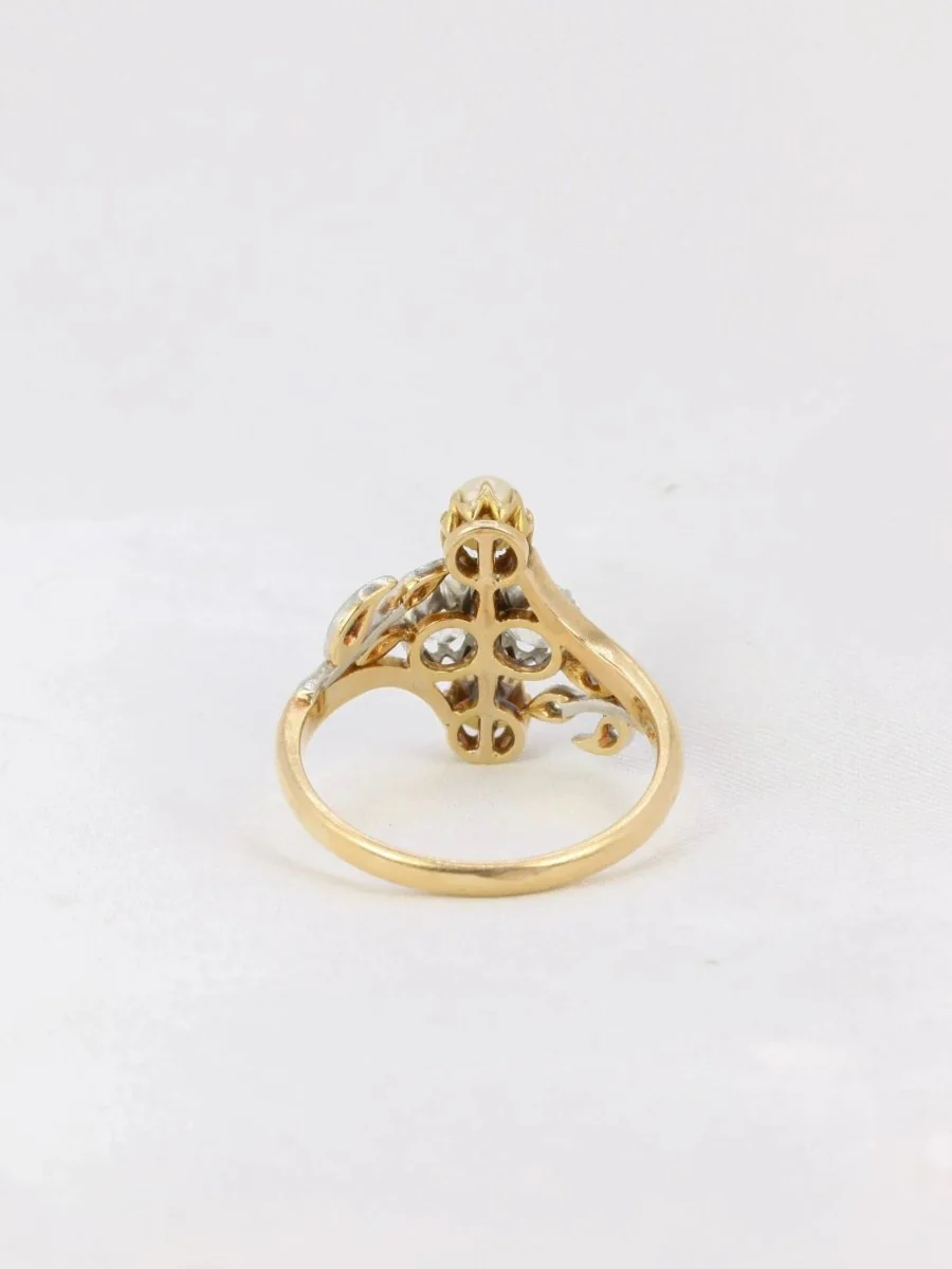 Bague Art Nouveau or diamants taille ancienne perles crème - Image 5