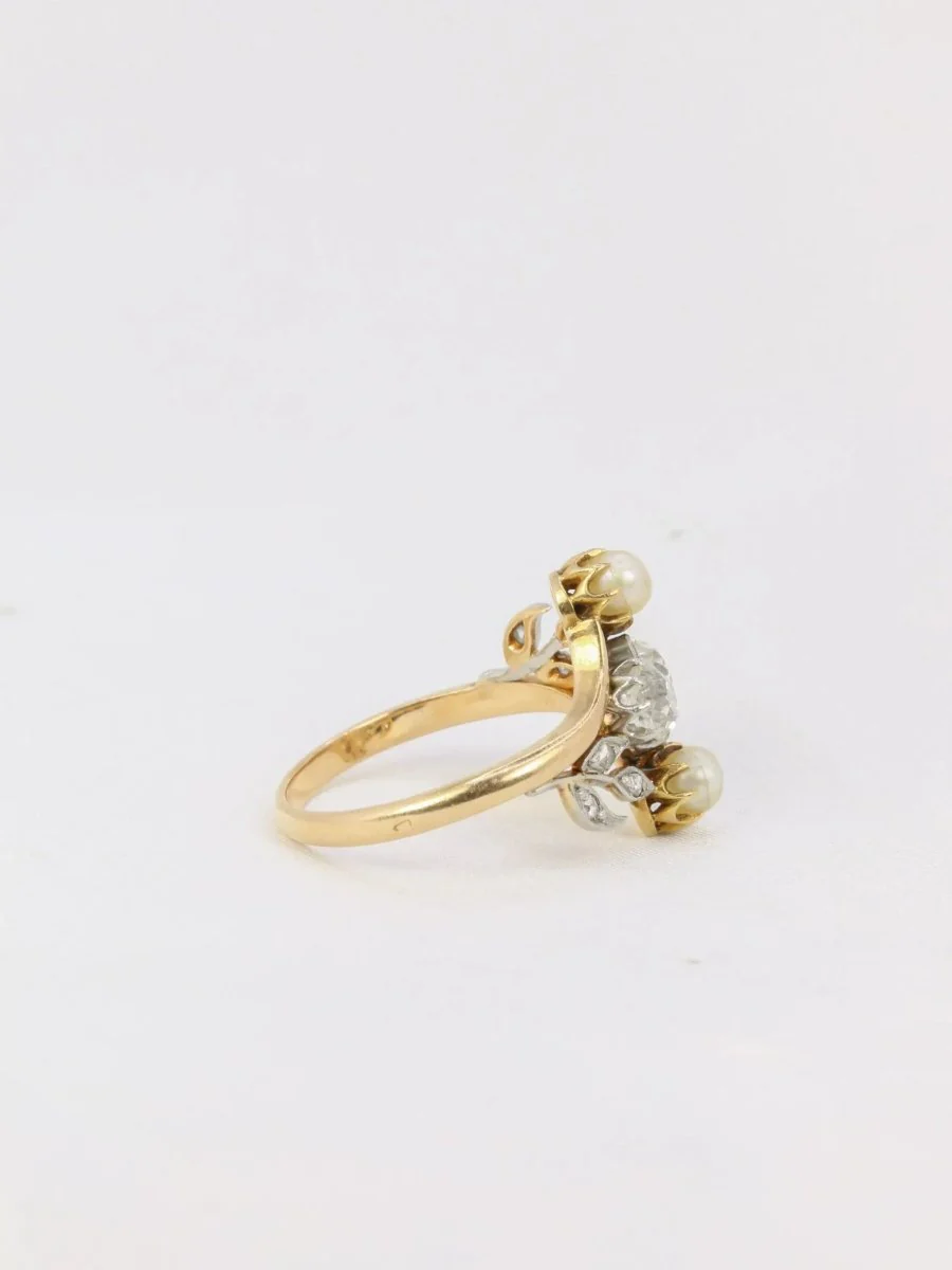 Bague Art Nouveau or diamants taille ancienne perles crème - Image 6
