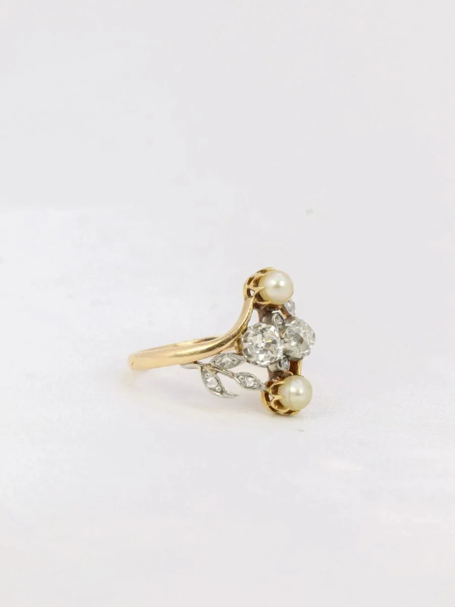 Bague Art Nouveau or diamants taille ancienne perles crème - Image 7