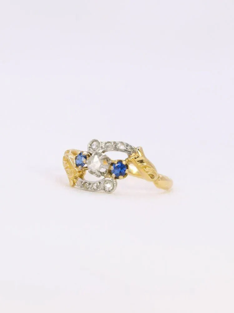 Bague Art Nouveau trilogie or jaune saphir diamants - Image 3