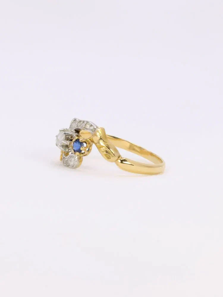 Bague Art Nouveau trilogie or jaune saphir diamants - Image 4