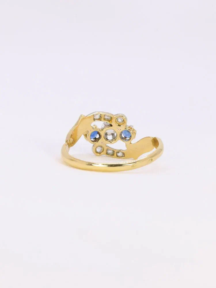Bague Art Nouveau trilogie or jaune saphir diamants - Image 5
