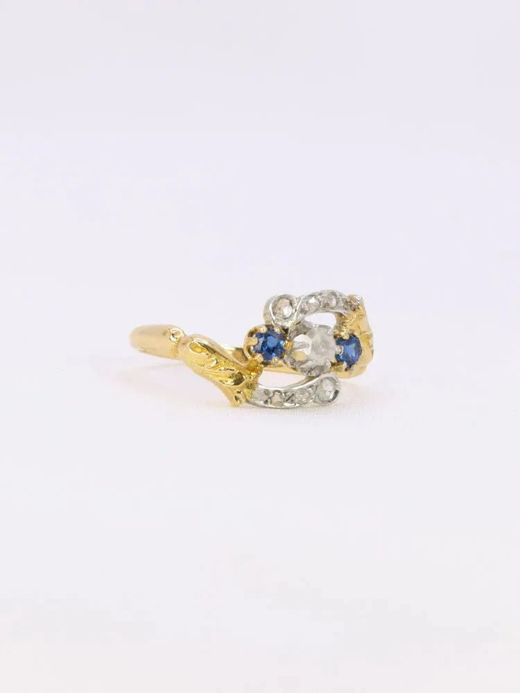 Bague Art Nouveau trilogie or jaune saphir diamants - Image 7
