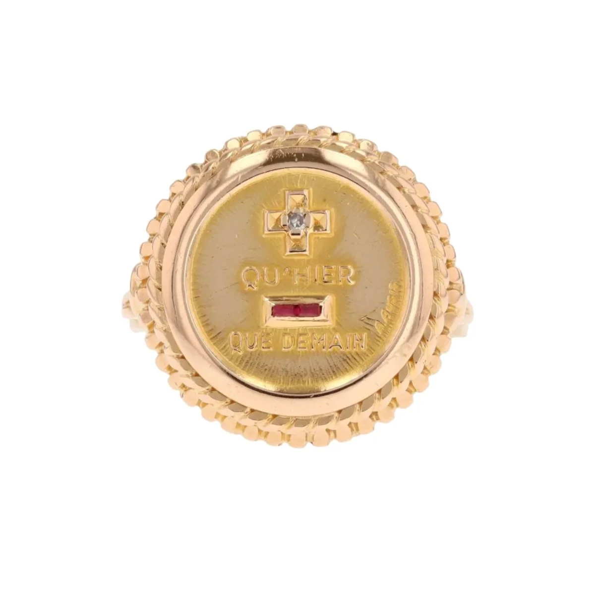 Bague Chevalière AUGIS en or jaune, rubis et diamant