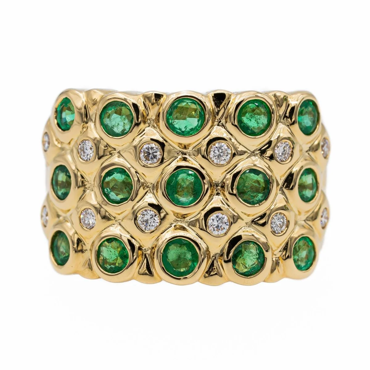 Bague Bandeau en or jaune, émeraudes et diamants